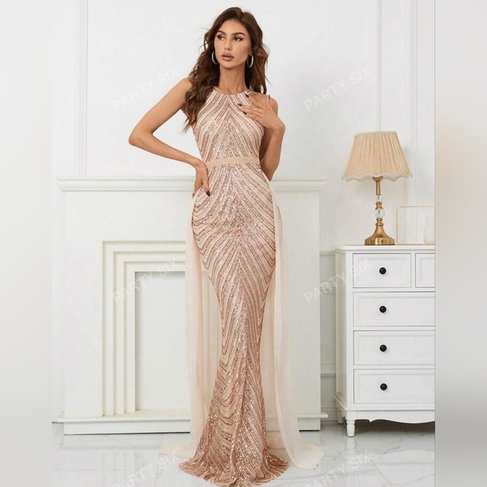 Glamorous Backless Sequin Gown - Champagne